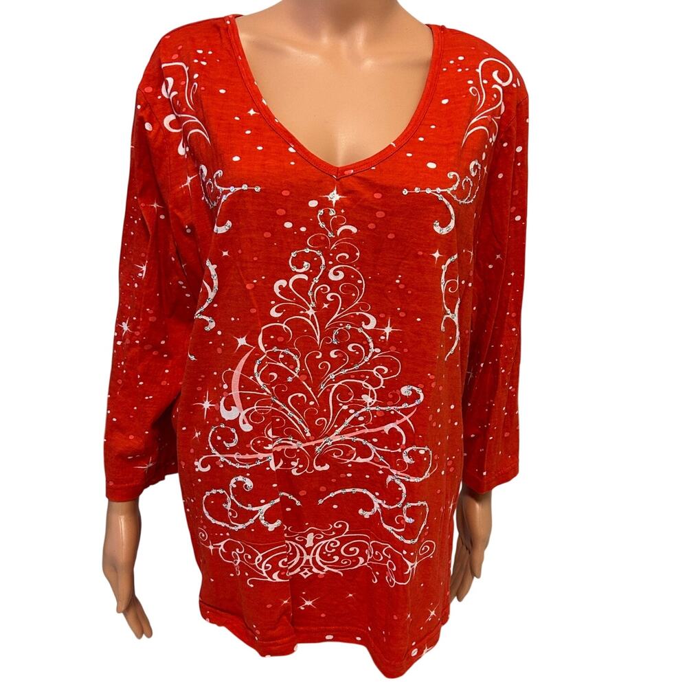 Collections Etc Red Christmas top white abstract swirl Christmas tree sz xxl